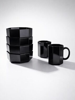 VINTAGE FRENCH 1980’s ARCOROC OCTIME BLACK GLASS OCTAGON BOWLS (4) MUGS (2) DECO
